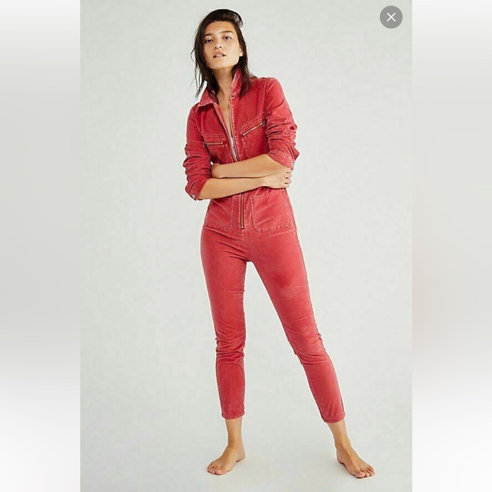 Free People Lennox Cord Jumpsuit Fitted Stretch Coverall Red Berry sz L